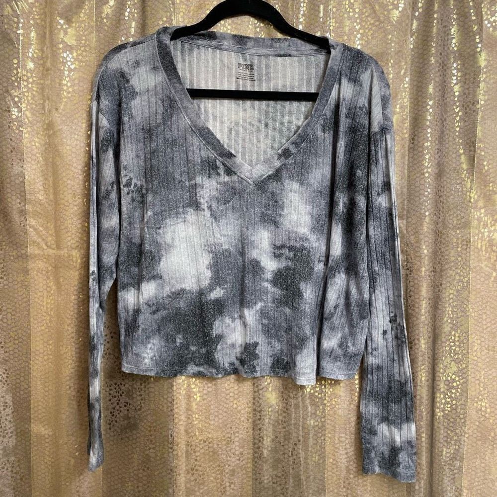 Victoria’s Secret Pink Women’s Large Grey Long Sleeve Tie Dye Cropped Shirt Top